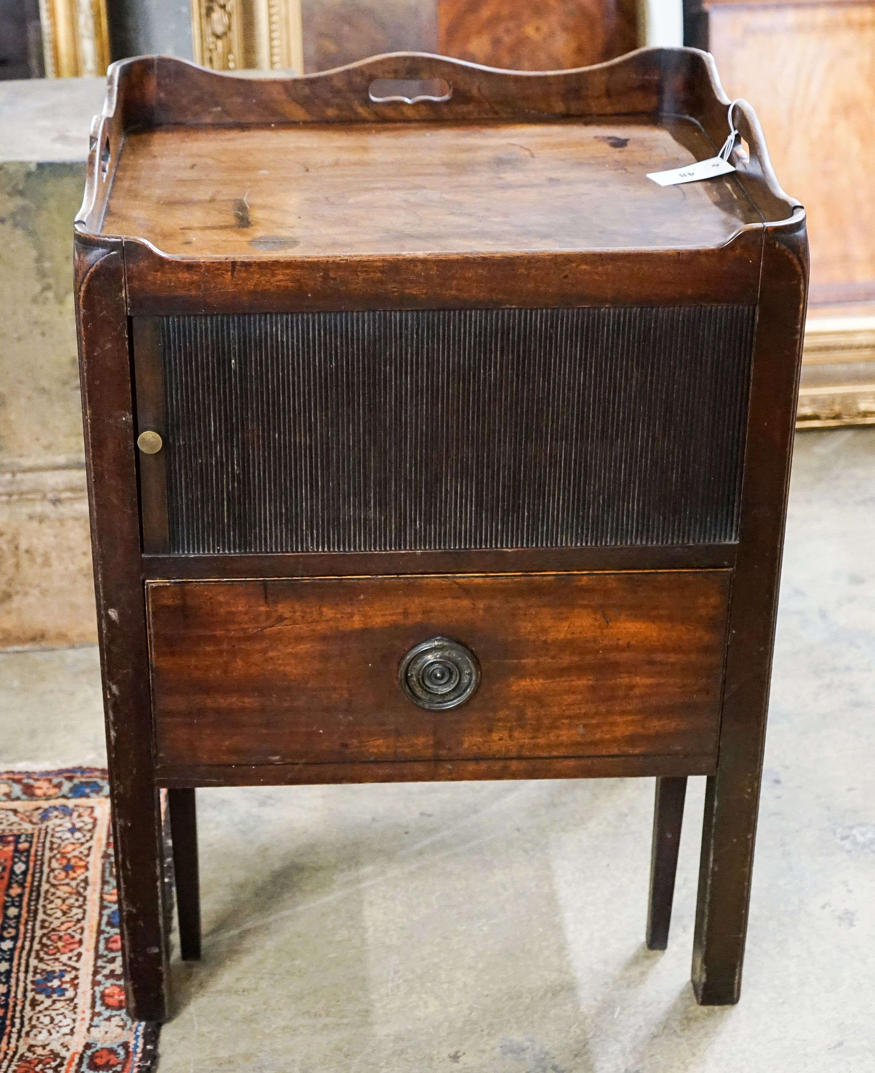 A George III mahogany tray top commode, with tambour compartment, width 56cm, depth 46cm, height 72cm